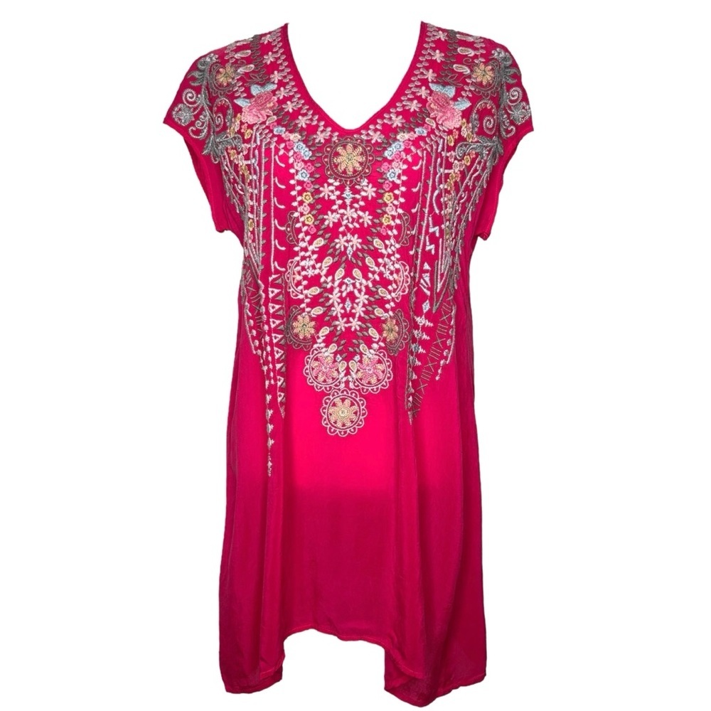 Johnny Was Floral Embroidered Boho Tunic Karineh Pomegranate Pink Fairy Top - Picture 3 of 13